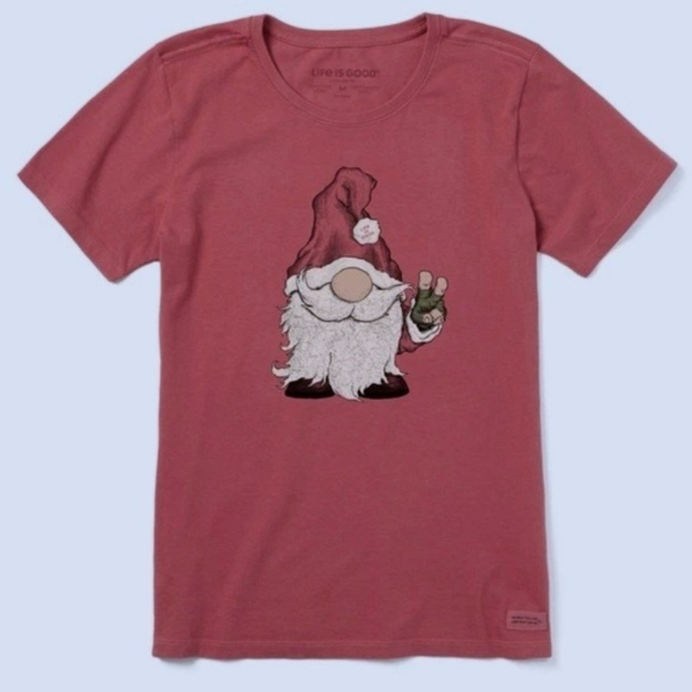 NWT Life Is Good Crusher Tee Gnome Peace Sign Christmas Red Women's Medium